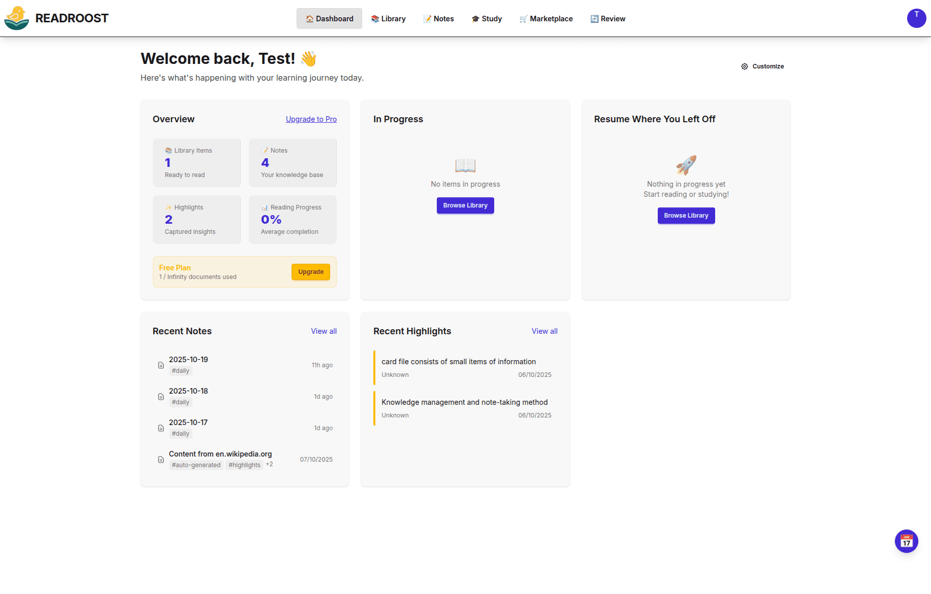ReadRoost Dashboard showing overview, recent notes, and highlights