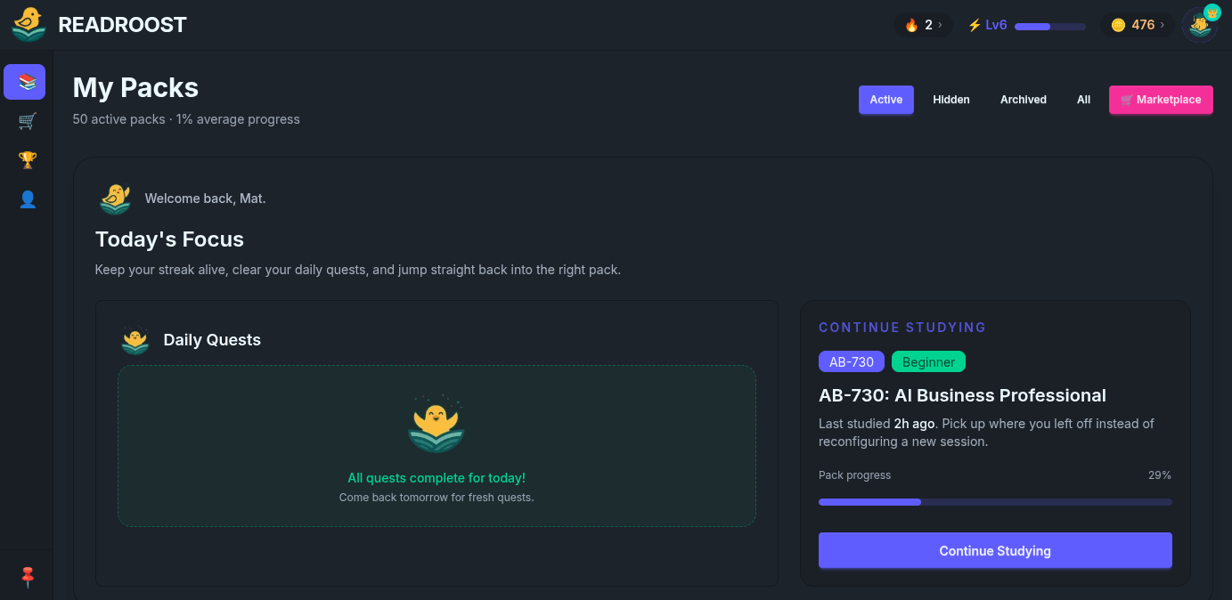 ReadRoost study interface showing flashcards, quizzes, and progress tracking